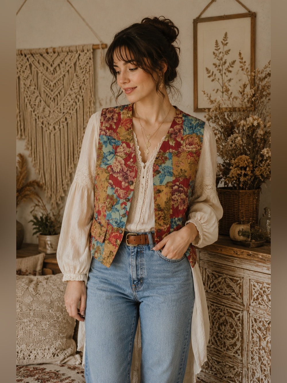 LIZ SPORT Vintage Floral Patchwork Vest Sz S Petite Gramdmacore Boho Cottagecore
